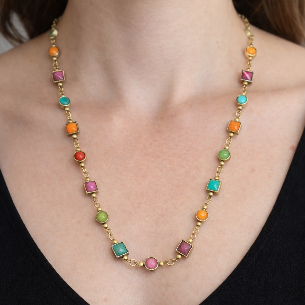 PREMIER DESIGNS 38" MULTICOLOR BEZEL STONE ADJUSTABLE CHAIN NECKLACE vintage